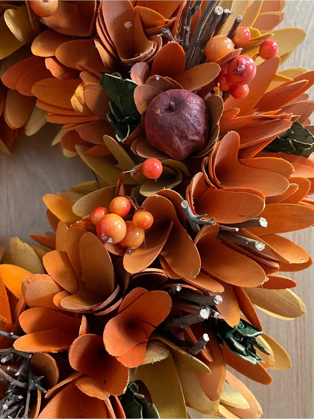 Fall/Halloween/Thanksgiving Carved Wooden Flower/Berry Wreath